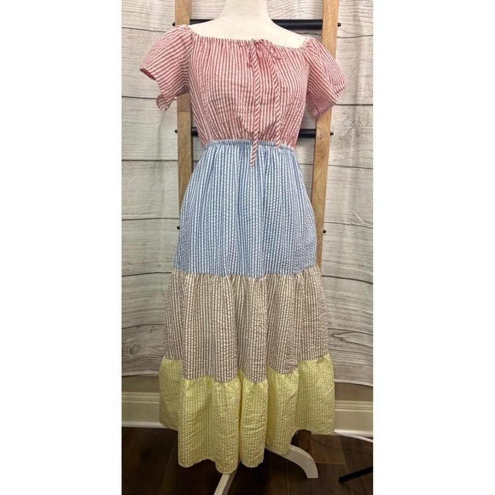 Urban Outfitters Seersucker Color Blocked Midi Dress Cottagecore Size XS - Picture 11 of 13